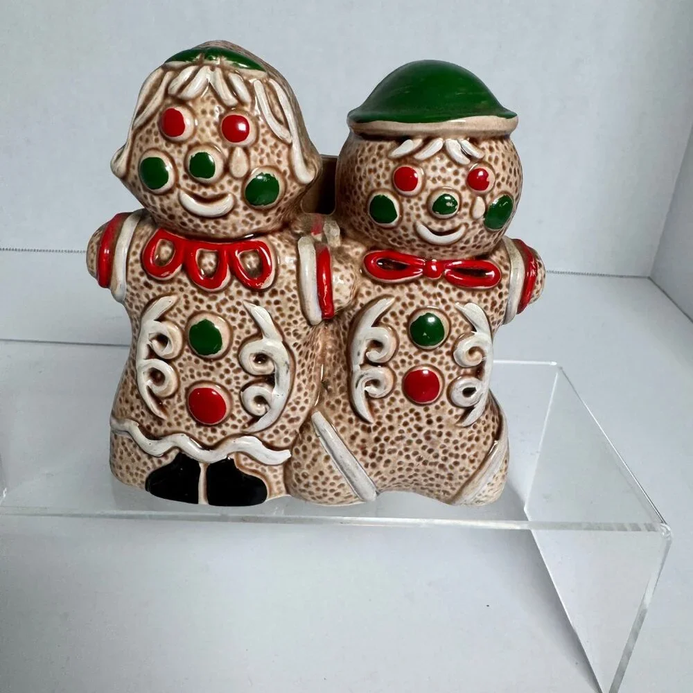 Vintage Gingerbread Man Woman Salt Pepper Shakers & Napkin‎ Holder Japan Ceramic